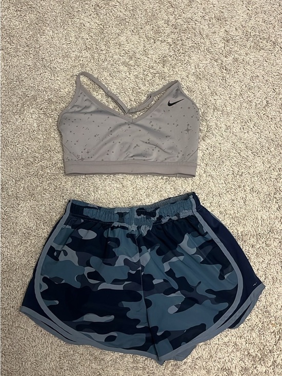 Nike Pants - Nike Gray Speckle Sports Bra with Nike Blue Camo Running Shorts